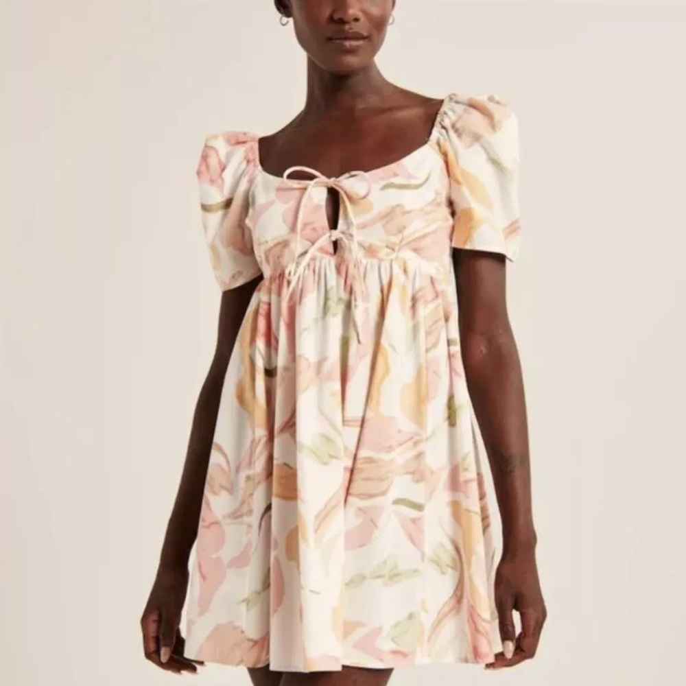 Abercrombie & Fitch Floral Poplin Keyhole Babydoll Tie Puff Sleeve Mini Dress - Picture 3 of 13